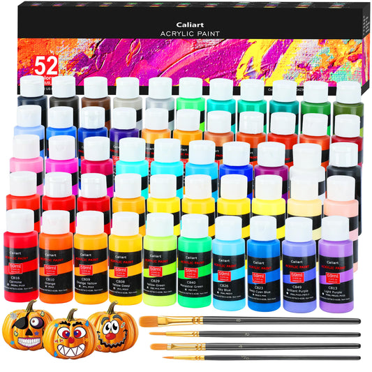 Caliart Acrylic Paint Set, 52 Colors (2oz/Bottle) with 4 Brushes, Art Craft Paints for Adults Artists Beginners Painters, Canvas Halloween Pumpkin Ceramic Wood Fabric Rock Painting Supplies Kit