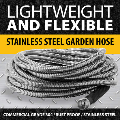 BIONIC STEEL 100 Ft Metal Garden Hose with Sprayer Nozzle, Non Kinking Designed Stainless Steel Heavy Duty Water Hose 100 Ft x 5/8 in. Flexible NON Expandable for Uninterrupted Water Flow, 500 PSI