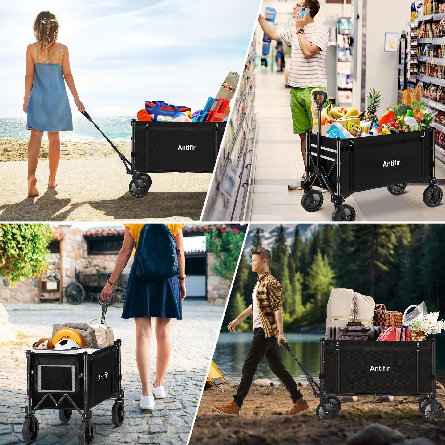 Antifir Collapsible Wagon Carts,Folding Wagon Cart with All Terrain Wheels,Heavy Duty Garden Carts with Adjustable Handle,Outdoor Utility Wagon for Camping Shopping Sports Fishing (Black)