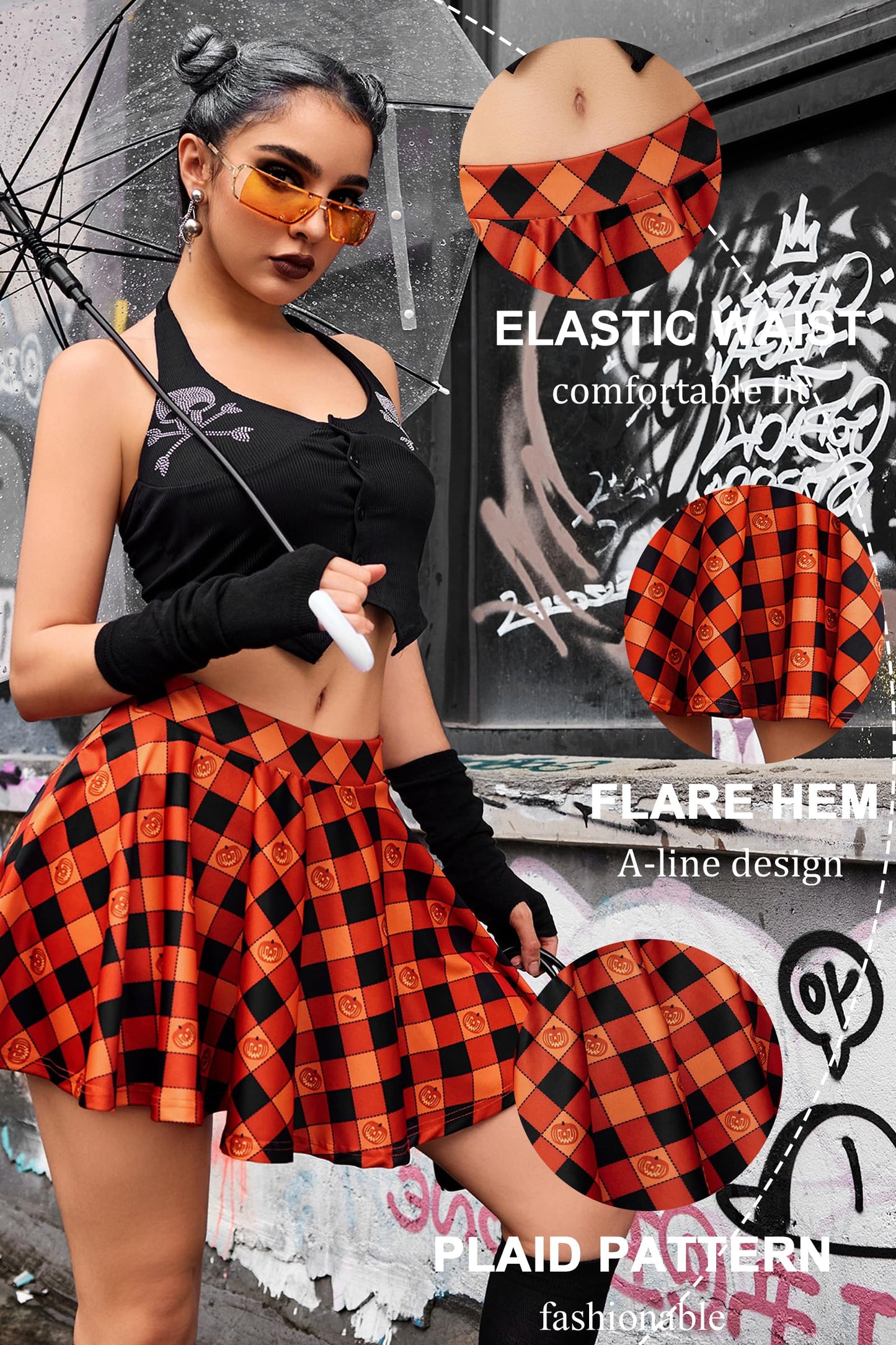 Avidlove Halloween Dress for Women Pleated Skirt School Girls CostumeA Line Mini Short Skirt (Pumpkin Plaid, Medium)