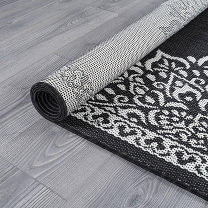 CAMILSON Outdoor Rug, 5x7 Medallion Black White Modern Area Rugs for Indoor and Outdoor Patios, Kitchen and Hallway Mats, Washable Porch Deck Outside Carpet (Medallion Black, 5 x 7)