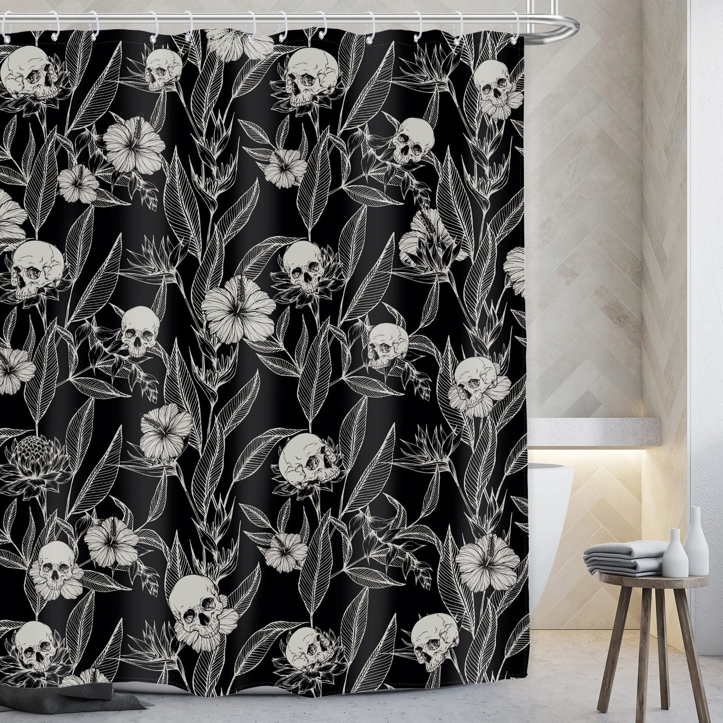 AMBZEK Black Skull Floral Shower Curtain 72Wx72L Inch Men Gothic Spooky Skeleton Goth Flower Leaves Halloween Cool Artwork Cloth Fabric Waterproof Polyester Bathroom Decor Set with 12 Pack Hooks