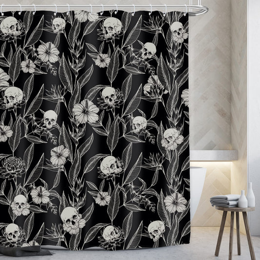 AMBZEK Black Skull Floral Shower Curtain 72Wx72L Inch Men Gothic Spooky Skeleton Goth Flower Leaves Halloween Cool Artwork Cloth Fabric Waterproof Polyester Bathroom Decor Set with 12 Pack Hooks
