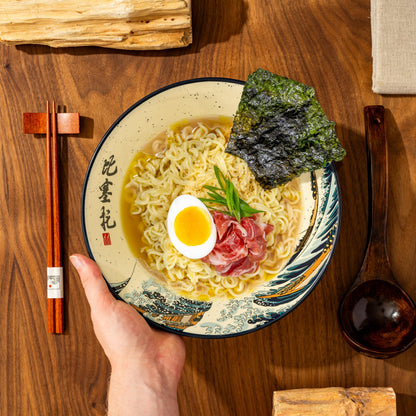 BICETTO Japanese Ramen Bowl Set with Great Wave Design - 60oz Large Ceramic Bowls, Spoons, Chopsticks for Ramen, Pho, Salad, Poke - Premium Gift for Ramen Lovers - Microwave & Dishwasher Safe