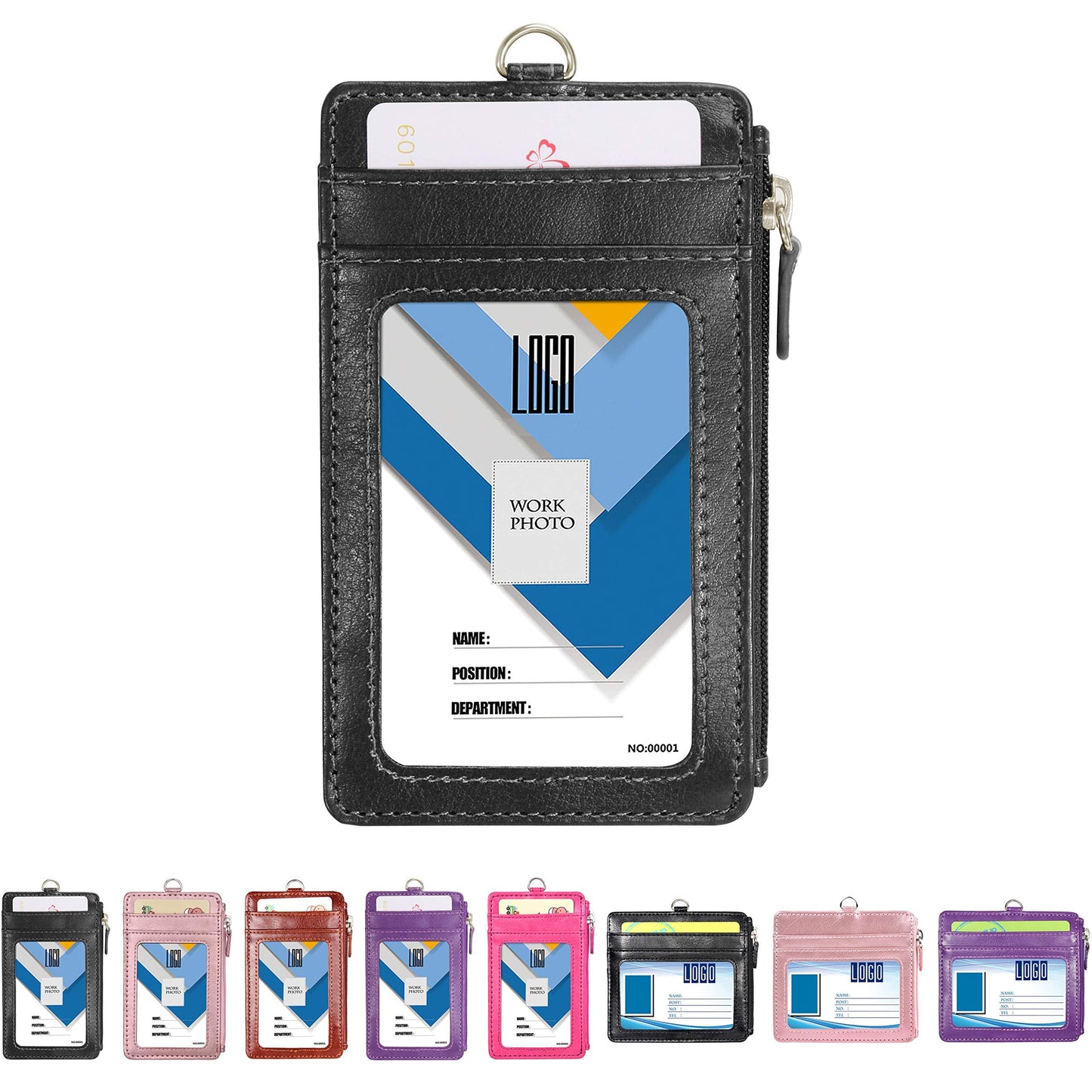 Badge Holder with Zipper, Wisdompro School Supply 2-Sided PU Leather College ID Badge Holder with 1 ID Window, 4 Card Holder Slots, 1 Side Pocket and 20 Inch Leather Neck Strap Lanyard -Vertical Black