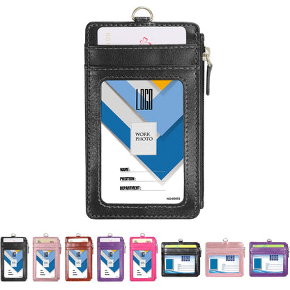 Badge Holder with Zipper, Wisdompro School Supply 2-Sided PU Leather College ID Badge Holder with 1 ID Window, 4 Card Holder Slots, 1 Side Pocket and 20 Inch Leather Neck Strap Lanyard -Vertical Black