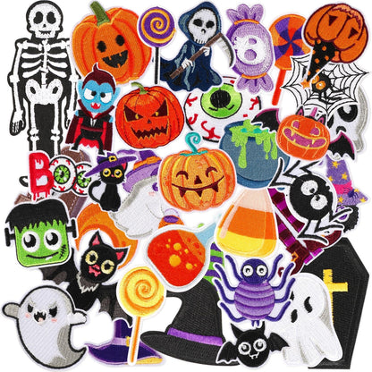 AUGSUN 60pcs Halloween Iron on Patches Random Assorted Halloween Embroidered Sew Applique Repair Patch Cute Skull Pumpkin Ghost Black Cat Witch Bats Patches for Clothing Jacket Dress Backpack Hat