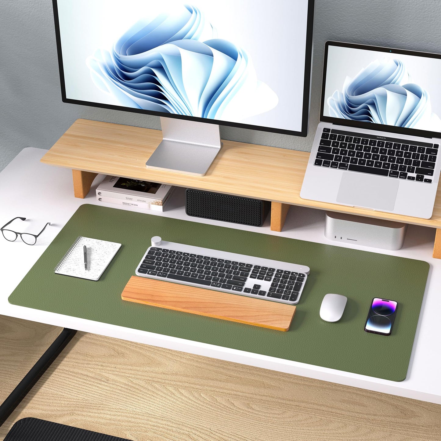 Aothia Leather Desk Pad Protector, Mouse Pad, Office Desk Mat, Non-Slip PU Leather Desk Blotter, Laptop Desk Pad, Waterproof Desk Writing Pad for Office and Home (23.6" x 13.7", Olive Green)