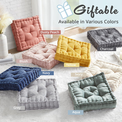 Intelligent Design Azza Floor Pillow, Large Cushions Sitting for Adults, Floor Pillow for Meditation or Yoga, Lustrous Chenille Tufted with Scalloped Edges for Bench/Chair Cushion, 20"x20"x5" Ivory