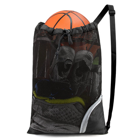 BeeGreen Mesh Drawstring Bag Swim Backpack for Beach Pool Sports Gym Draw String Cinch Bags for Swimming Soccer Basketball Gear Black