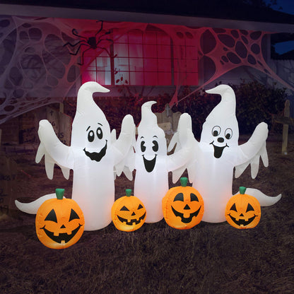 6 Foot Long Lighted Halloween Inflatable Three Ghosts with Pumpkins Patch Outdoor Indoor Holiday Decorations, Blow Up LED Lights Lighted Yard Decor, Giant Lawn Inflatables for Home Family Party