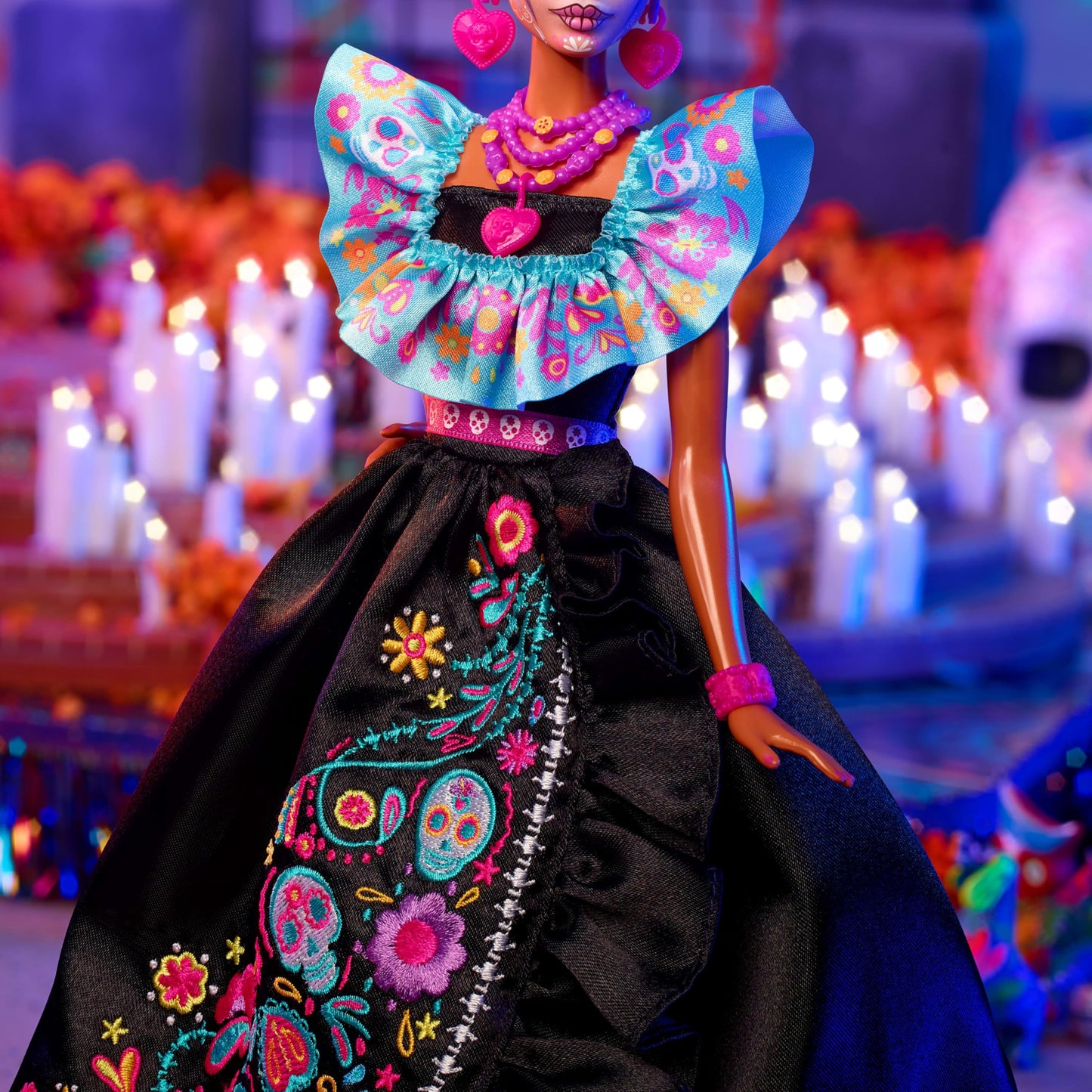 Barbie Signature Doll, 2024 Día De Muertos Collectible in Black Dress with Blue Ruffle Top, Embroidered Print, and Colorful Accessories