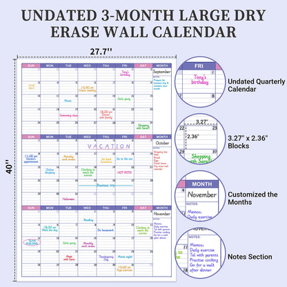BooQool Large Dry Erase Calendar for Wall - Undated 3 Month Calendar, 27.7'' x 40'', Erasable & Reusable Laminated White Board with 8 Round Stickers, Vertical Layout Home, Office and School