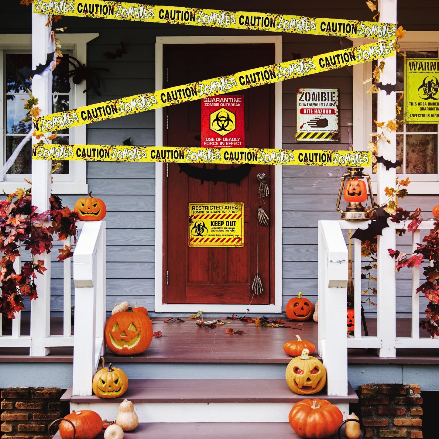 4E's Novelty 6 Warning Signs 11x14" with Caution Tape Roll 20 Feet - Halloween Zombie Party Decorations Halloween Indoor Outdoor Yard Signs Beware Danger Door Posters Haunted House Decor