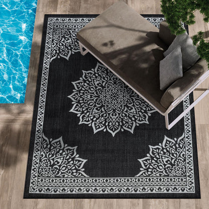 CAMILSON Outdoor Rug, 5x7 Medallion Black White Modern Area Rugs for Indoor and Outdoor Patios, Kitchen and Hallway Mats, Washable Porch Deck Outside Carpet (Medallion Black, 5 x 7)