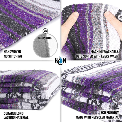 Hydration Nation Authentic Extra Large Mexican Blanket (70"x50") - Handwoven Yoga, Serape - Artisanal Falsa, Beach, Camping, Picnic, Outdoor (Purple)