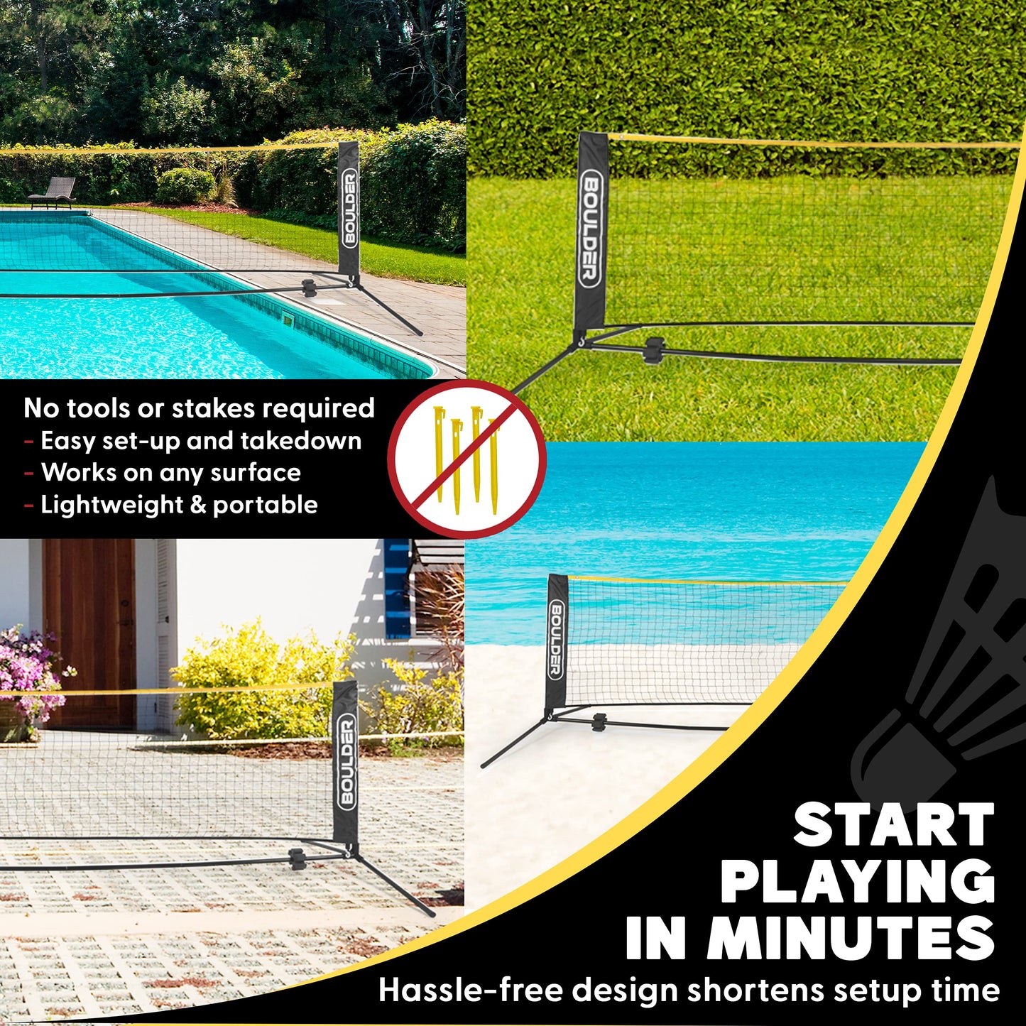 BOULDER Portable Badminton Pickleball Net - Foldable / Extendable Poles for Multiple Sports Heights (UP to 5 ft) - Ideal for Tennis, Pickleball, Soccer Tennis - Easy Setup (Black, 17 FT)