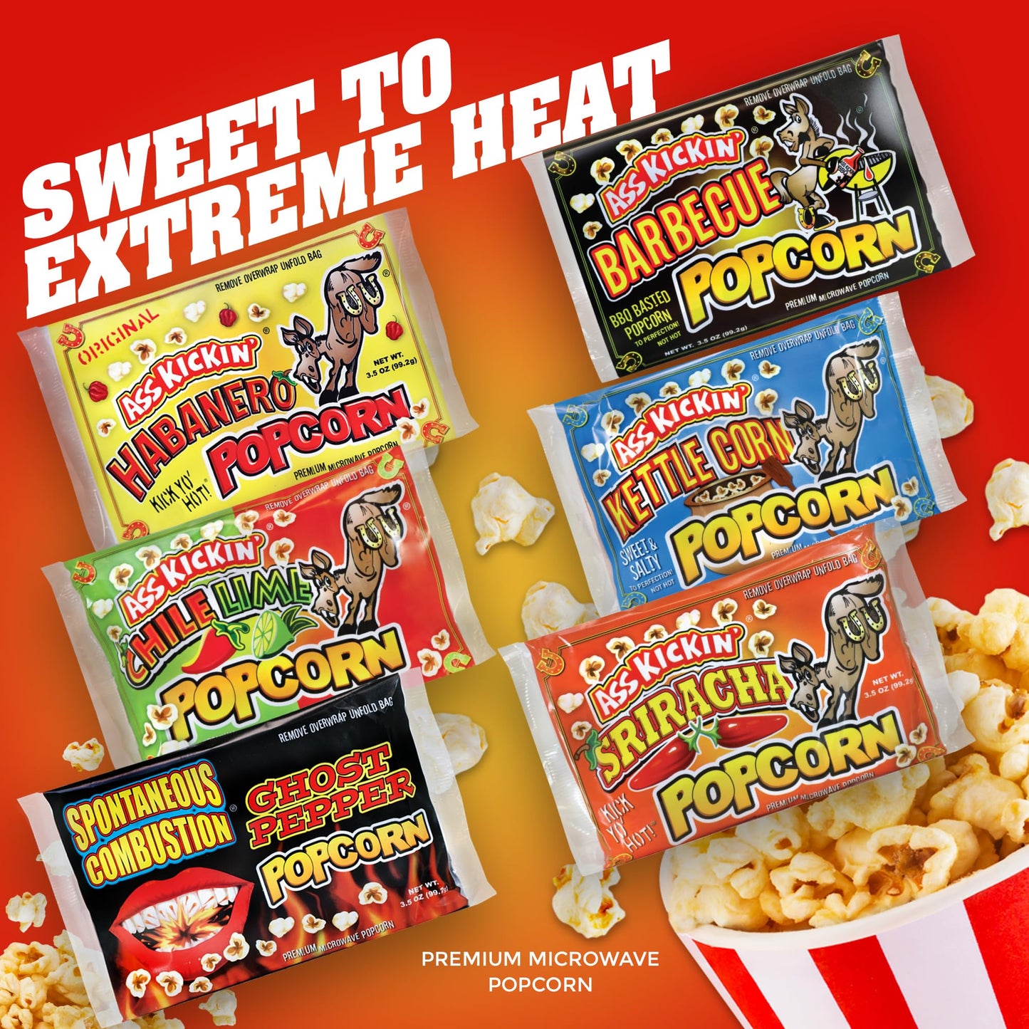 ASS KICKIN' Premium Microwave Popcorn – Variety Gift Pack (6) - Ultimate Spicy and Sweat Gourmet Gift - Try if you dare!