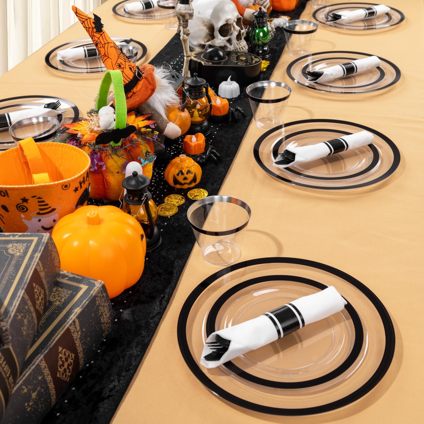 I00000 350 Pcs Clear and Black Plastic Plates,Black Dinnerware Set, Include 50 Dinner and 50 Dessert Plates,50 Plastic Cups,50 Per Rolled Napkins with Cutlery for Party,Wedding,Halloween