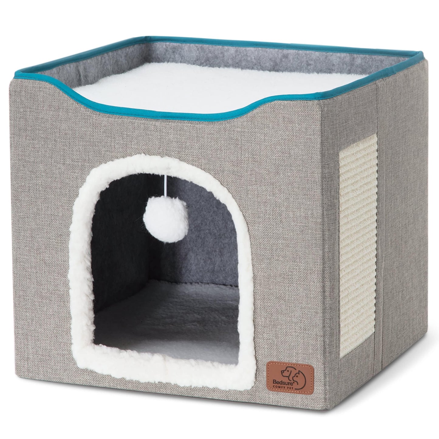 Bedsure Cat Beds for Indoor Cats - Large Cat Cave for Pet Cat House with Fluffy Ball Hanging and Scratch Pad, Foldable Cat Hideaway, 16.5x16.5x13 inches, Grey