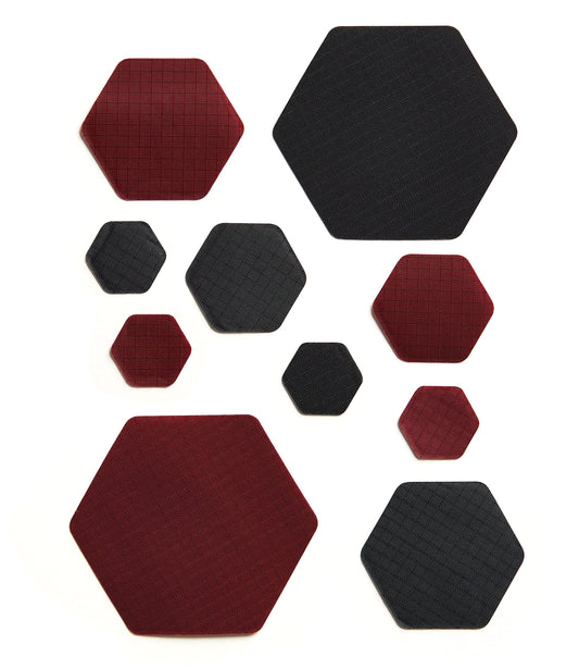 HEX Duo - Two Colour Kits - Hexagonal Down Jacket Self-Adhesive Repair Patches (Black and Burgundy)