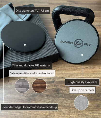 InnerFit Core Sliders for Working Out - Set of 2 Dual Sided Exercise Sliders Fitness Discs - Durable Strength Slides suitable for carpets and hardwood floors (Black & Grey)