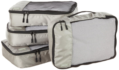 Amazon Basics 4 Piece Packing Cubes with Double Zipper and Mesh Top, Travel Organizer Set, Medium, Gray