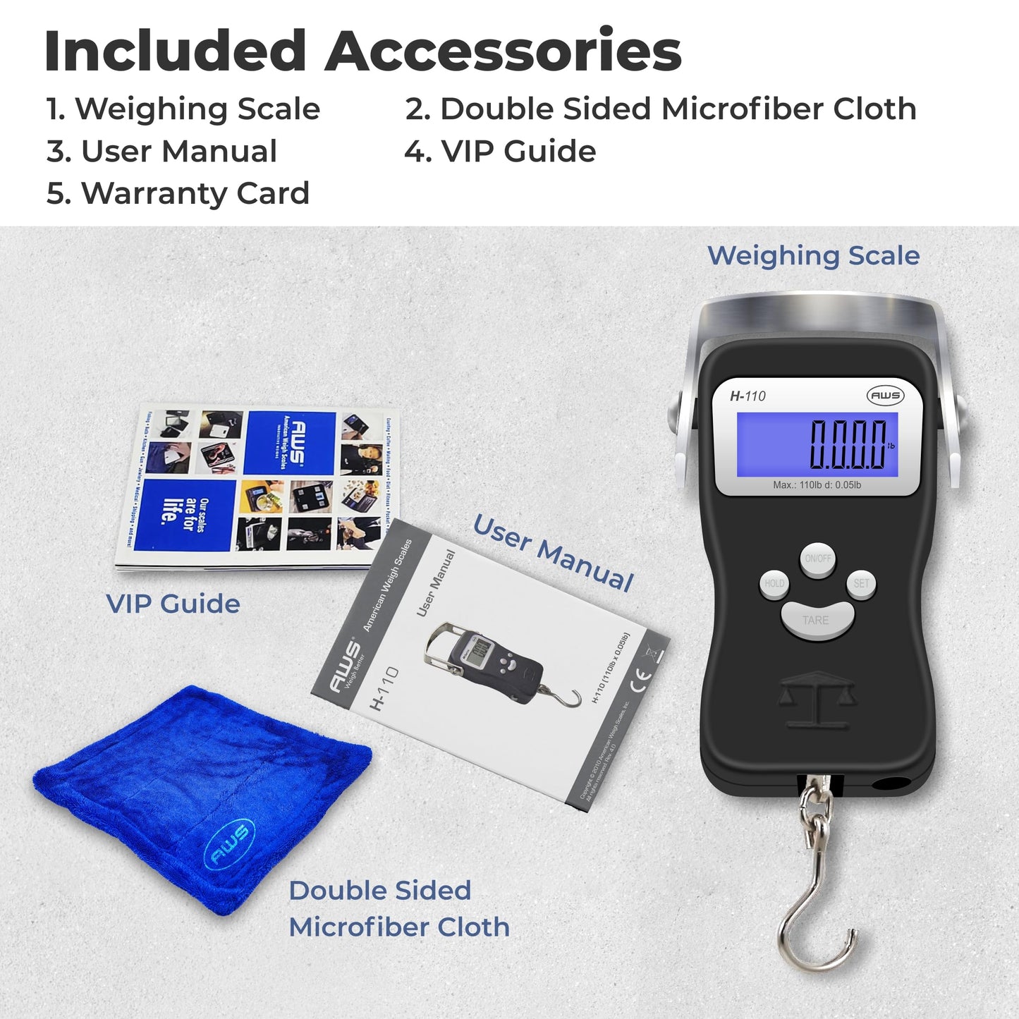 AWS Digital Luggage Scale, Fish Weighing Scale, Hanging Scale 110lb/50kg – Die-Cast Metal Construction, Built-in Tape Measure, Hook & Handle – for Travel, Fishing, Archery, Hunting, Outdoor (Black)