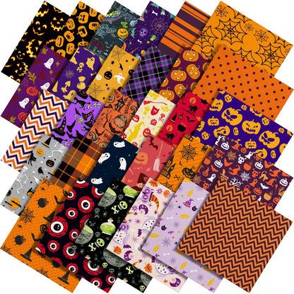60 Pcs 10 x 10 Inch Halloween Fabric Polyester Fabric Bundle Fat Quarters Bat Pumpkin Ghost Skull Print Squares Holiday Quilting for DIY Decorations Sewing Craft, 30 Styles (Pumpkin)