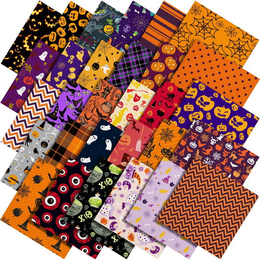 60 Pcs 10 x 10 Inch Halloween Fabric Polyester Fabric Bundle Fat Quarters Bat Pumpkin Ghost Skull Print Squares Holiday Quilting for DIY Decorations Sewing Craft, 30 Styles (Pumpkin)