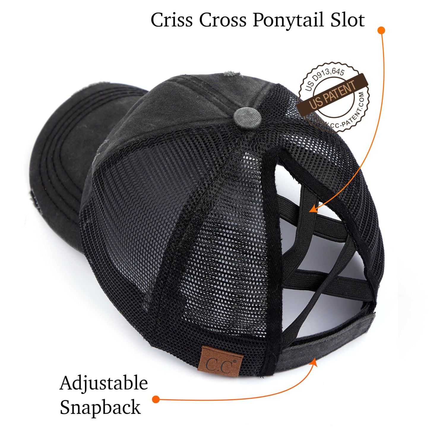 C.C Exclusives Washed Distressed Cotton Denim Criss-Cross Ponytail Hat Baseball Cap Bundle Hair Tie (BT-780) (Black)