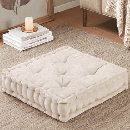 Intelligent Design Azza Floor Pillow, Large Cushions Sitting for Adults, Floor Pillow for Meditation or Yoga, Lustrous Chenille Tufted with Scalloped Edges for Bench/Chair Cushion, 20"x20"x5" Ivory