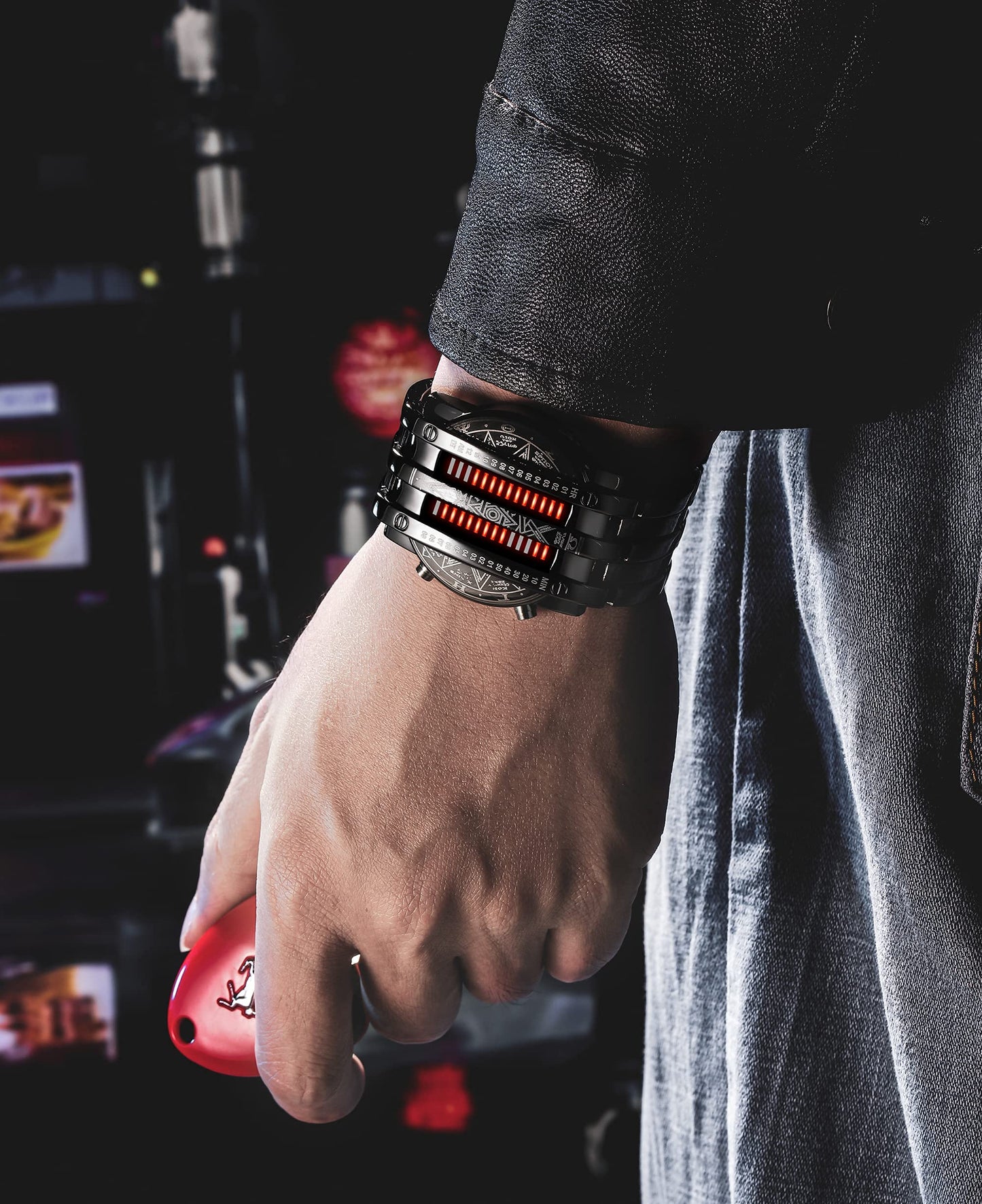 Binary Matrix Blue LED Digital Watch Mens Classic Creative Fashion Black Plated Wrist Watches (Black Red)