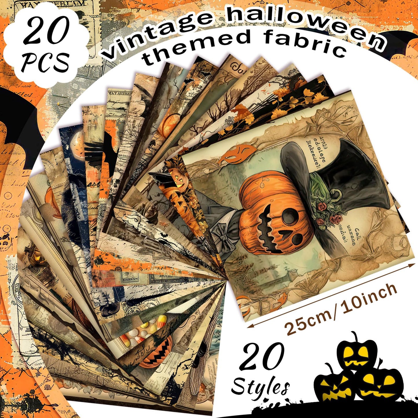 HunnmingRe 20 Pcs 10''x10'' Vintage Halloween Quilting Fabric Square Spooky Gothic Quiltted Fabric Bundle Pumpkin Skull Cat Precuts Printed Patchwork Supplies for Holiday DIY Sewing Craft