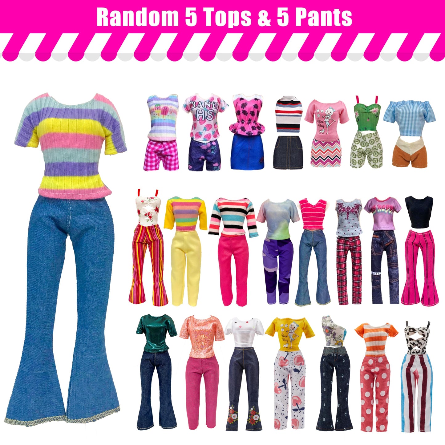 30 Pieces Doll Clothes and Accessories for 11.5 Inch Girl Dolls Including Random 5 Tops, 5 Pants, Random 3 Dresses, Random 3 Fashionable Dresses, Random 2 Swimwear, 6 Pairs of Shoes, 1 Bag, 5 Hangers