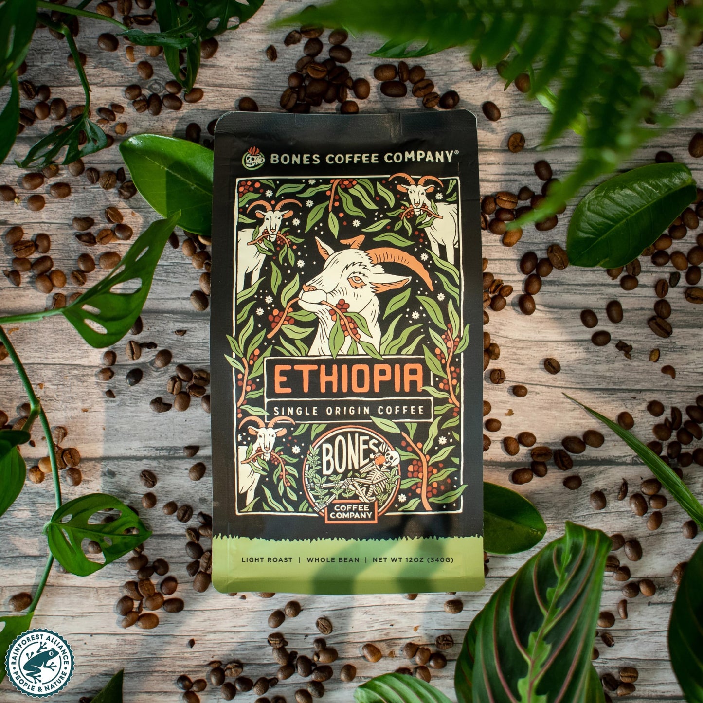 Bones Coffee Company Ethiopia Single-Origin, Citrus, Floral and Berries Notes, Whole Coffee Beans, Low Acid Medium Roast Arabica Beans Flavored Coffee, 12 oz Whole Bean