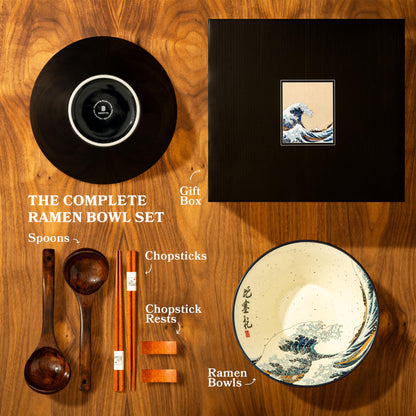 BICETTO Japanese Ramen Bowl Set with Great Wave Design - 60oz Large Ceramic Bowls, Spoons, Chopsticks for Ramen, Pho, Salad, Poke - Premium Gift for Ramen Lovers - Microwave & Dishwasher Safe