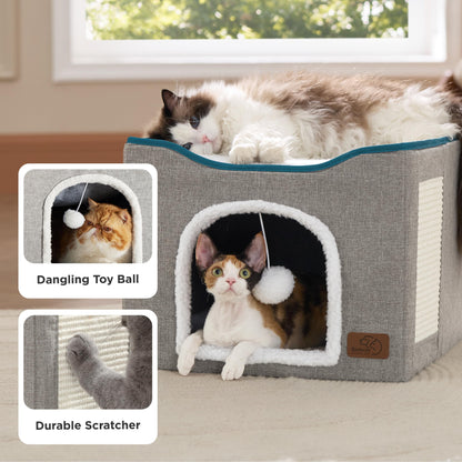 Bedsure Cat Beds for Indoor Cats - Large Cat Cave for Pet Cat House with Fluffy Ball Hanging and Scratch Pad, Foldable Cat Hideaway, 16.5x16.5x13 inches, Grey
