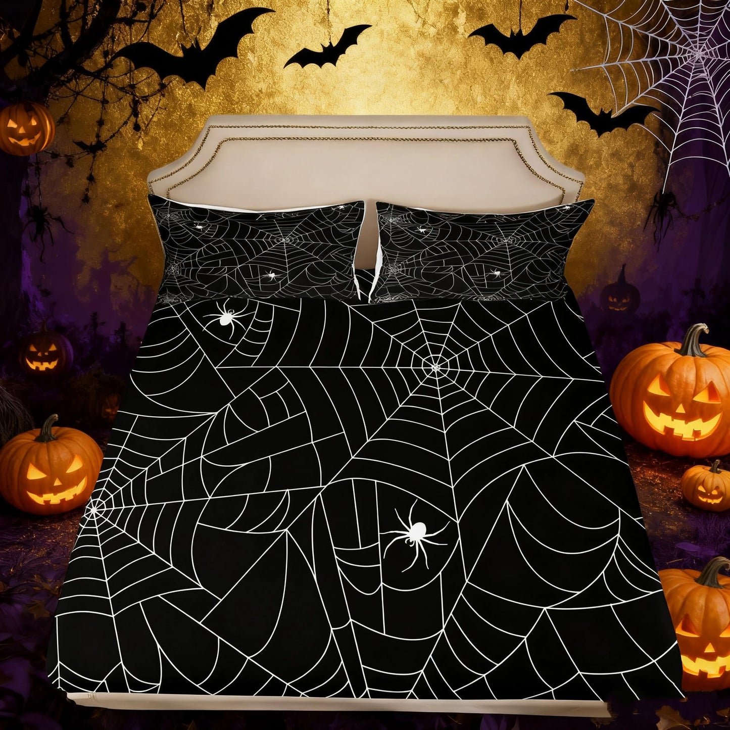 Boys Spider Web Sheet Set for Kids Children Halloween Themed Bed Sheet Set Full Girls Decorative Scary Spider Pattern Sheets Soft Bed Set Black White,Flat Sheet+ Fitted Sheet + 2 Pillow Case