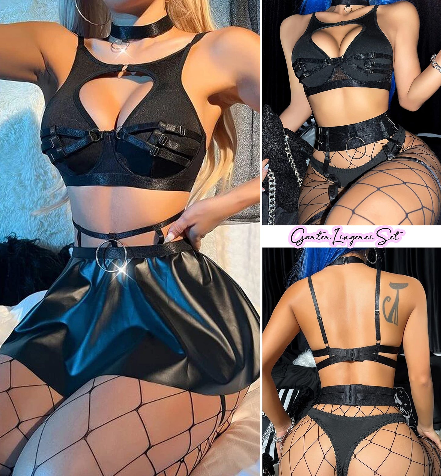 Avidlove Sexy Lingerie Set with Underwire Garter Belt Lingerie Set for Women Bra and Panty 5 Piece with Choker(No Stockings) Black