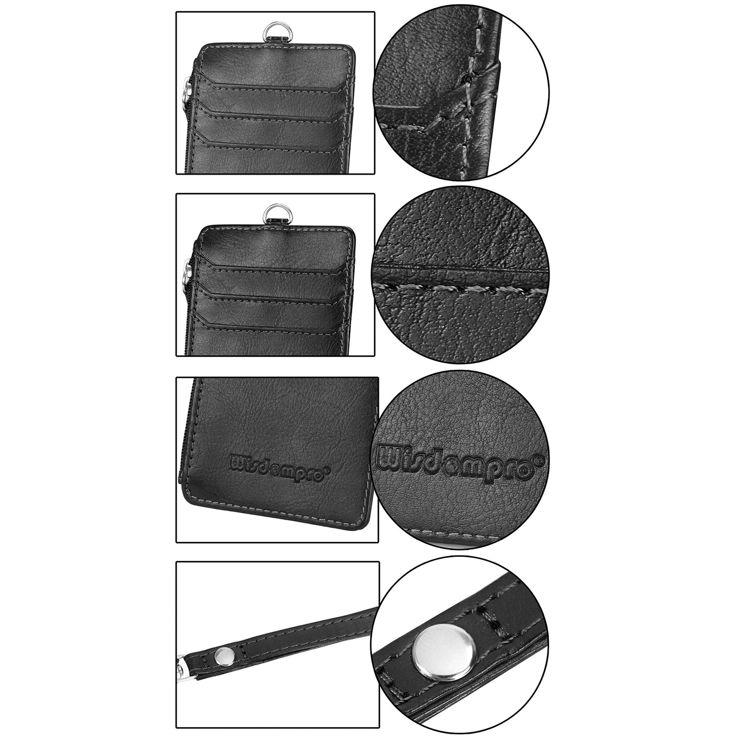 Badge Holder with Zipper, Wisdompro School Supply 2-Sided PU Leather College ID Badge Holder with 1 ID Window, 4 Card Holder Slots, 1 Side Pocket and 20 Inch Leather Neck Strap Lanyard -Vertical Black