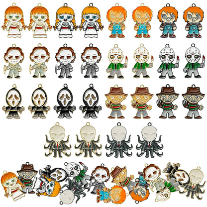 7ilaewen 28Pcs Horror Classic Movie Character Charms Halloween Enamel Pendants, Horror Ghost Dangle Halloween Scary Earring Necklace Bracelet Charms for Jewelry Making DIY Crafts Gifts