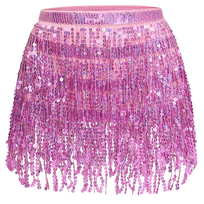 Women's Sequin Tassel Skirts Sparkly Rave Fringe Hip Scarf for Festival Costume(Pink)