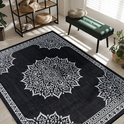 CAMILSON Outdoor Rug, 5x7 Medallion Black White Modern Area Rugs for Indoor and Outdoor Patios, Kitchen and Hallway Mats, Washable Porch Deck Outside Carpet (Medallion Black, 5 x 7)