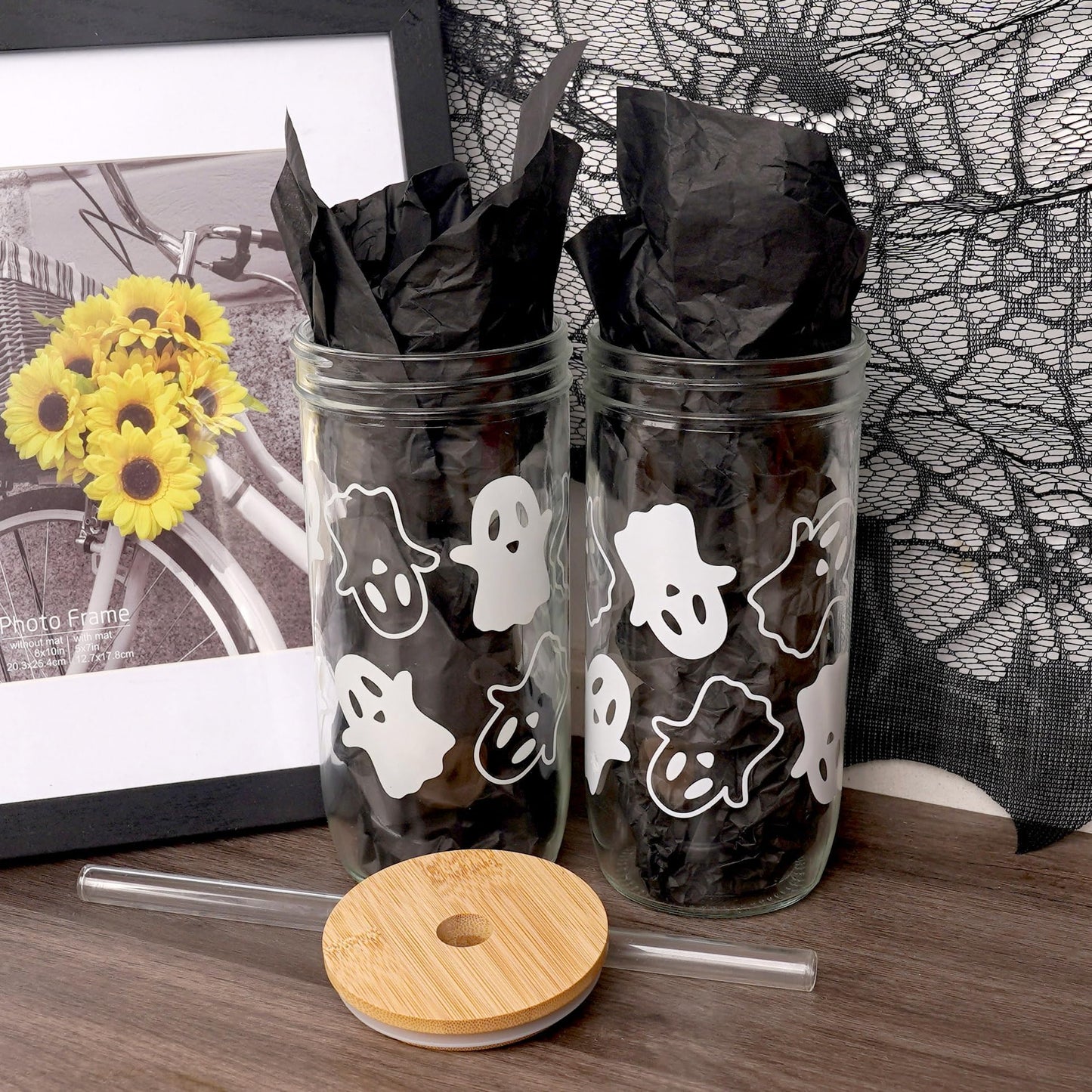 ANOTION Halloween Cups, Ghost Decor 24 oz Mug Mason Jar Glass Cups with Lids and Straws Ghost Tumblers Coffee Cups Cookie Jar Glasses Glassware Drinking Glasses Halloween Decorations Indoor