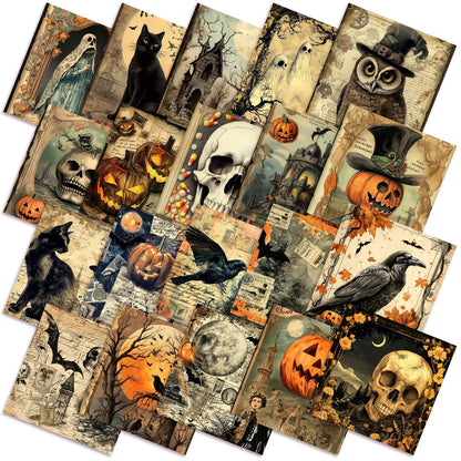 HunnmingRe 20 Pcs 10''x10'' Vintage Halloween Quilting Fabric Square Spooky Gothic Quiltted Fabric Bundle Pumpkin Skull Cat Precuts Printed Patchwork Supplies for Holiday DIY Sewing Craft