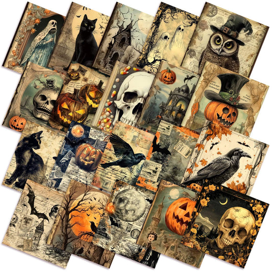 HunnmingRe 20 Pcs 10''x10'' Vintage Halloween Quilting Fabric Square Spooky Gothic Quiltted Fabric Bundle Pumpkin Skull Cat Precuts Printed Patchwork Supplies for Holiday DIY Sewing Craft