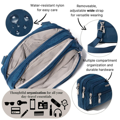 Baggallini Triple Zip Crossbody Bag for Women - Convertible Crossbody Fanny Pack Belt Bag - Lightweight Water-Resistant