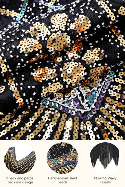 BABEYOND Women's Flapper Dresses 1920s V Neck Beaded Fringed Great Gatsby Dress Gold