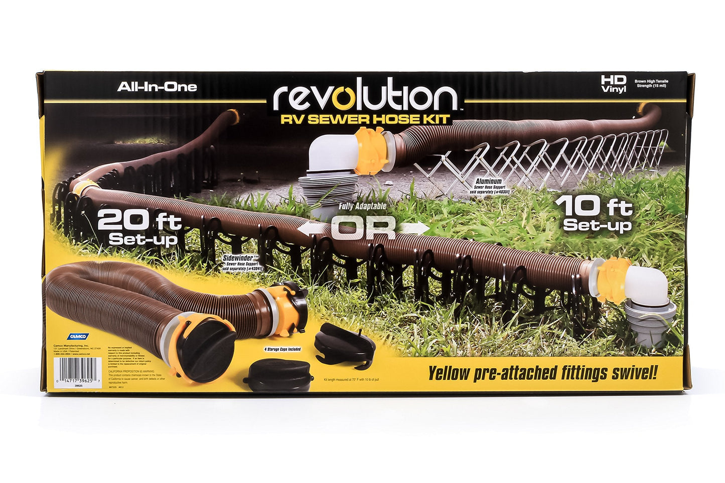 Camco Revolution Sewer Hose Kit with 360 Degree Swivel Fittings and 4-in-1 Elbow Adapter, Universal Fit, 20 Feet (39634)